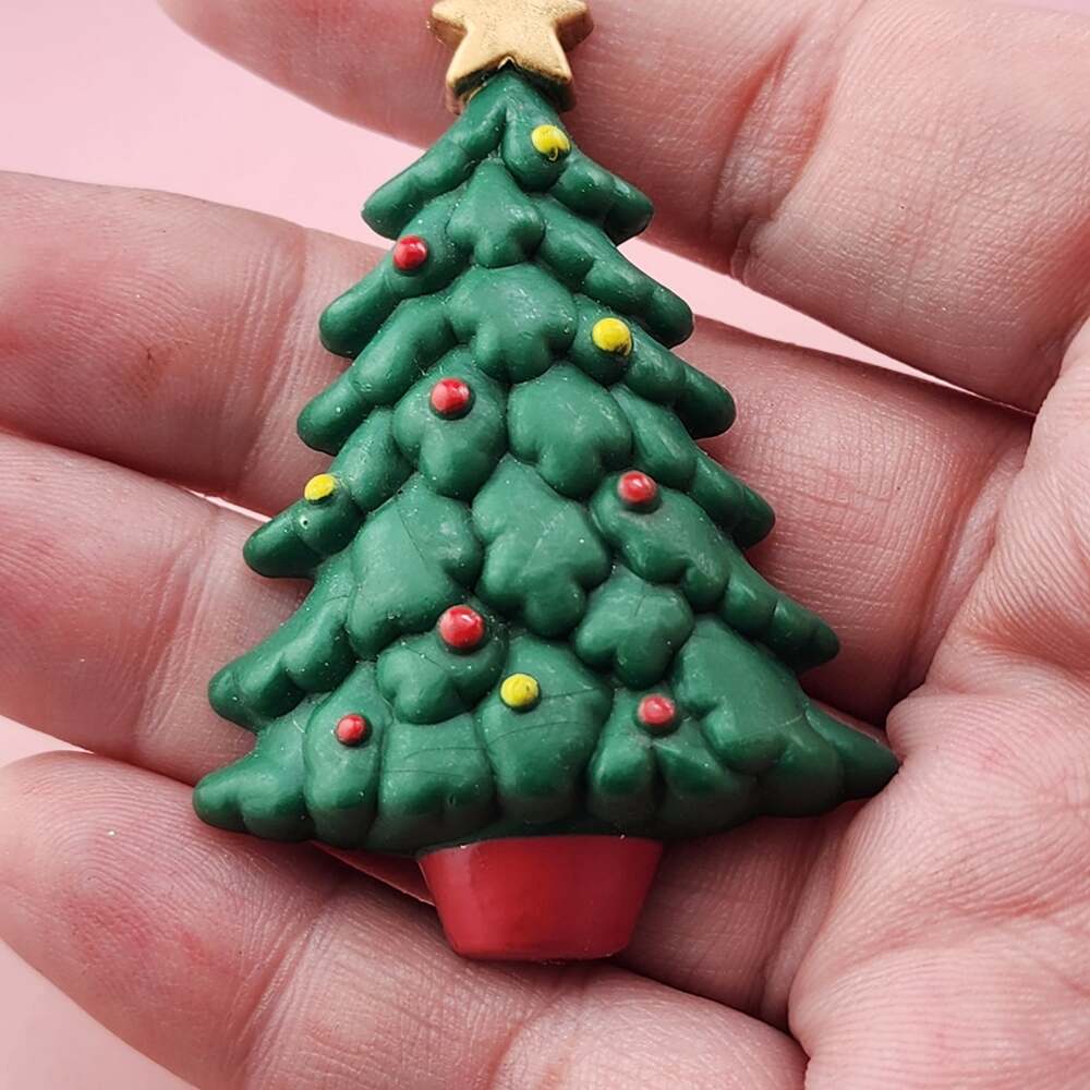 Vintage Russ Christmas Tree Brooch Green Red Pot Gold Star Holiday Pin